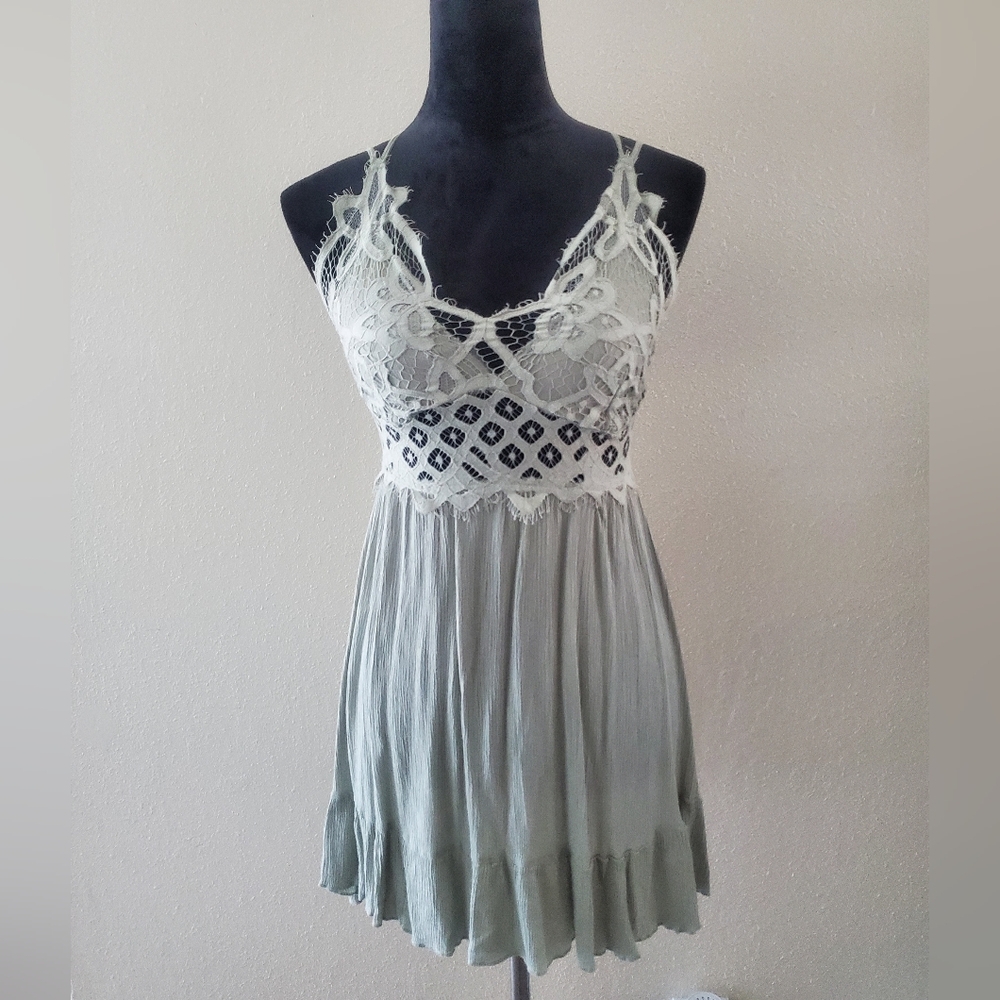 Sage Green Feminine Cottagecore Crochet Flowy Summer Dress Adjustable Straps